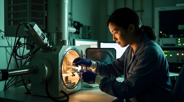 Female scientist placing sample into scanning electron microscope