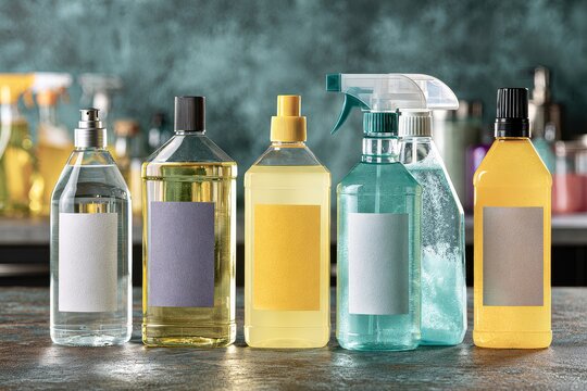 Cleaning supplies, from a side angle with natural light and copy space