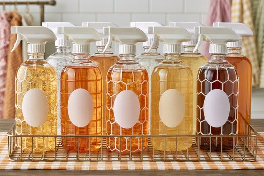 Cleaning supplies, from a side angle with natural light and copy space