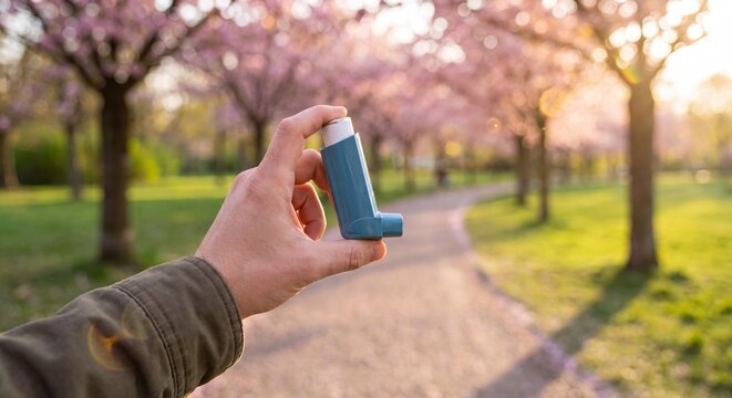 Person holding a blue asthma inhaler in a park with blooming cherry blossom trees at sunset with hand while standing holds blue medical filled pink cherry respiratory