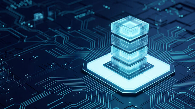 Futuristic glowing data server stack on circuit board, representing cloud computing, artificial intelligence, blockchain storage and digital technology