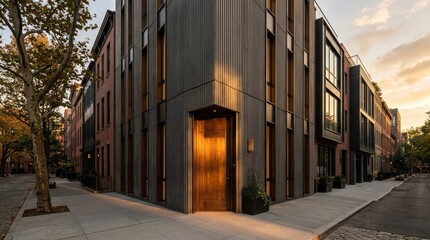 Fototapeta premium Modern corner townhouse entrance with bronze door at sunset