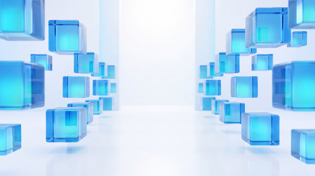 Abstract blue glass cubes floating in a bright white futuristic corridor, clean 3D technology background with glowing transparent geometric blocks