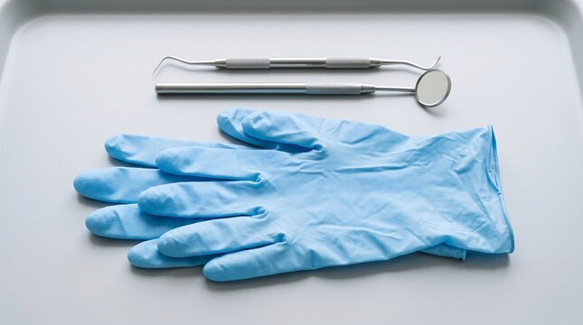 Blue dental gloves and examination tools on a sterile medical tray