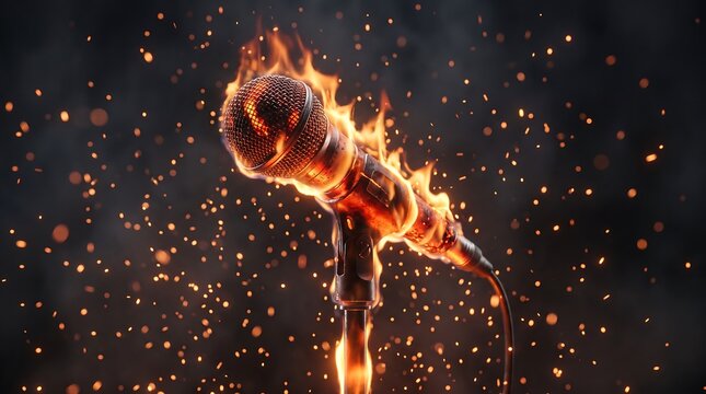 Burning microphone on stand with cinematic sparks and dark background