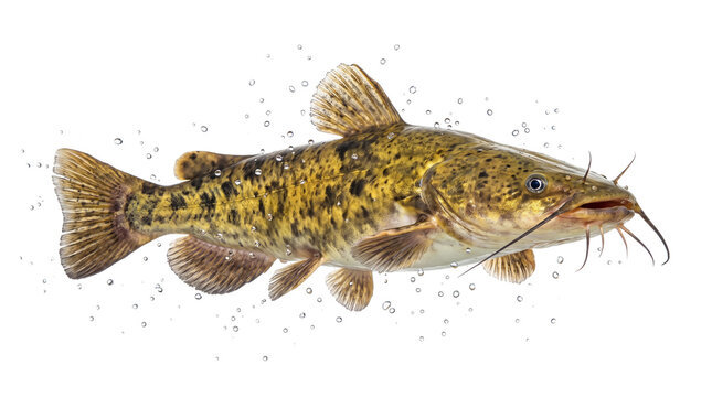 Flathead catfish swimming in water, freshwater fish with whiskers on white background, aquatic river predator with bubbles
