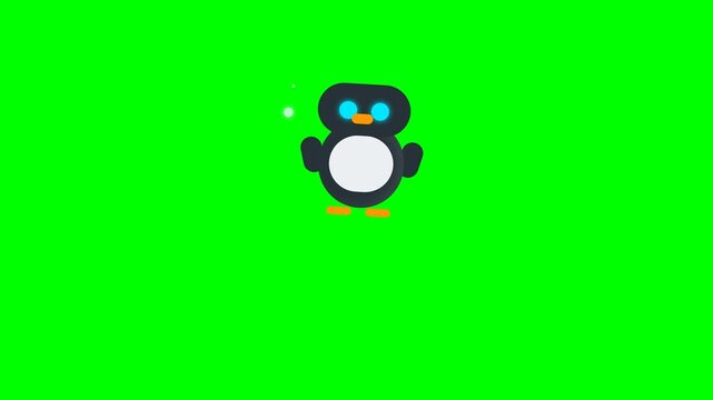 Cute Animated Penguin Character Waving Hello on Green Screen Background.