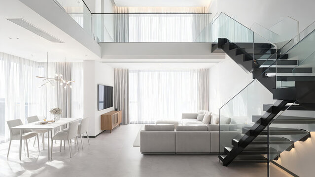 A spacious modern duplex apartment interior with open layout, minimalist furniture, and glass staircase, featuring bright natural light.