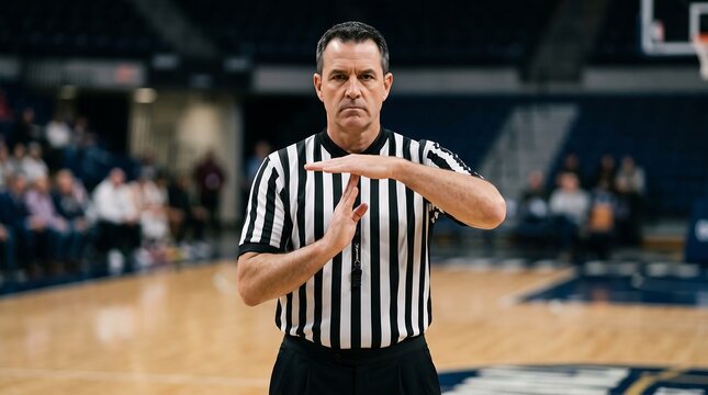 Basketball referee in striped uniform signaling a timeout