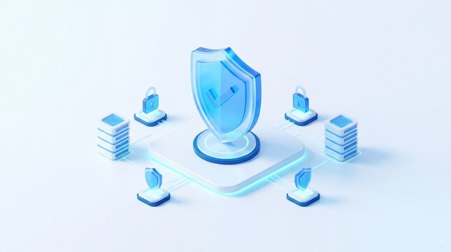Cybersecurity shield with check mark protecting connected servers and lock icons in blue 3D cloud network concept for secure data storage and digital privacy