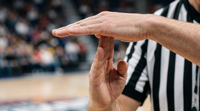 Basketball referee hands making time out signal in stadium