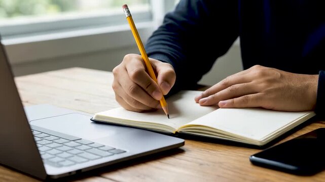 Man writing notes in a notebook with a pencil while working at a desk with a laptop