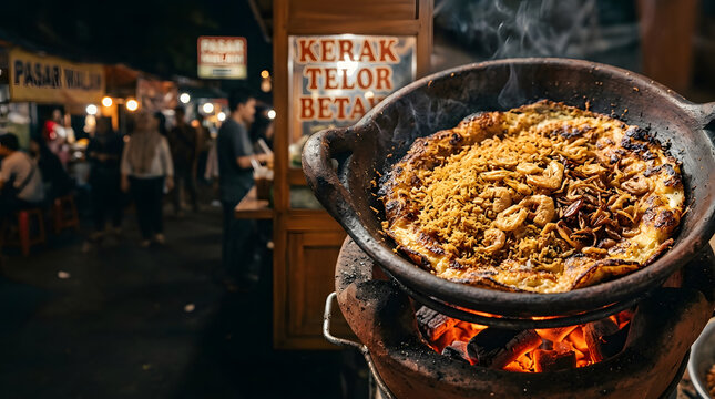 Traditional Indonesian Kerak Telor Cooking in Wok over Charcoal Stove at Night Market Street Food Stall