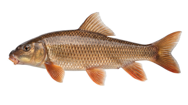 Fresh common barbel fish isolated on white. Brown cyprinid carp specimen, raw river water bait food. Biological aquatic animal scales, spineless meat cutlet cooking ingredient side view