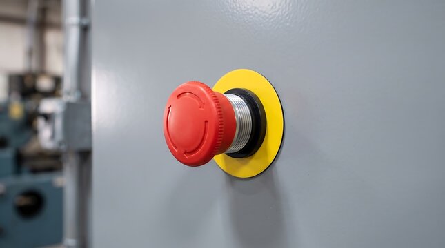 Red emergency stop button on industrial control panel