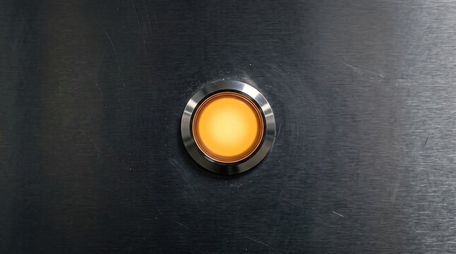 Glowing amber industrial button on dark brushed metal surface