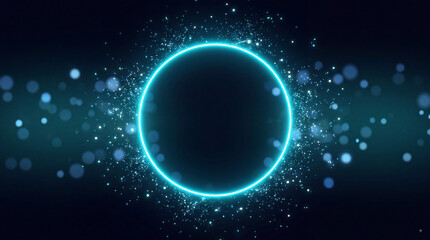 Fototapeta premium Glowing cyan neon circle with sparkling particles and soft bokeh on dark blue background, futuristic abstract energy portal for technology themes