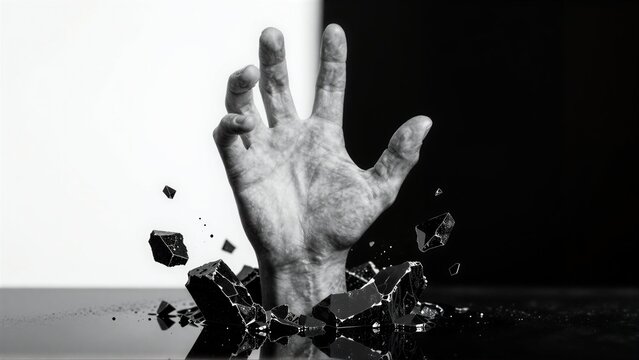 Hand breaks through shattered glass, symbolizing emergence or breaking free.
