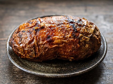 Whole roasted sweet potato with caramelized skin on ceramic plate