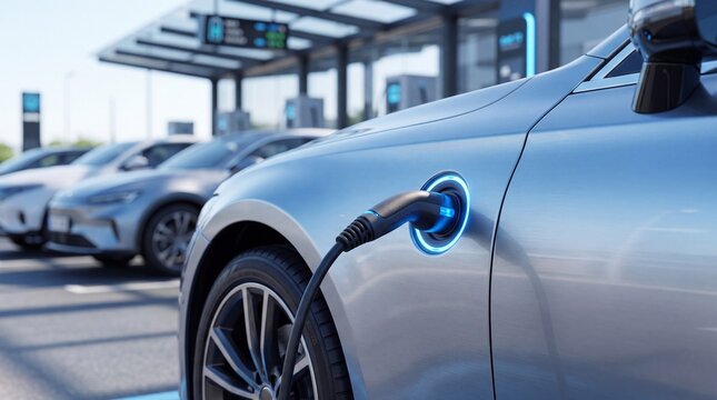 Electric vehicle charging at a public station with multiple cars parked in the background during daytime with connected charging cable light outdoor charging with blue light