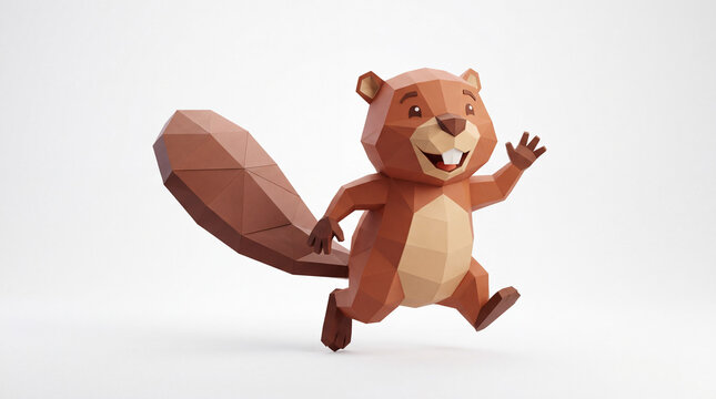 Cheerful low poly cartoon beaver waving and jumping with big tail, cute 3d animal character on clean white background for wildlife and kids design