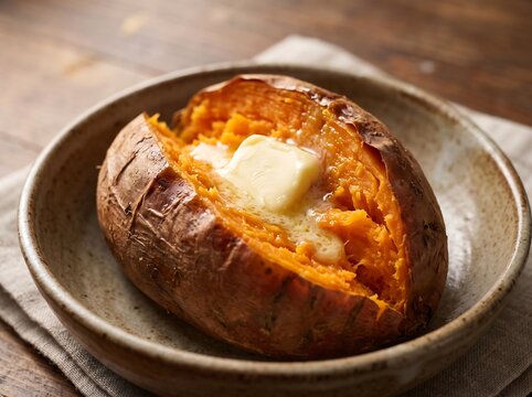 Baked sweet potato with melting butter in a rustic bowl