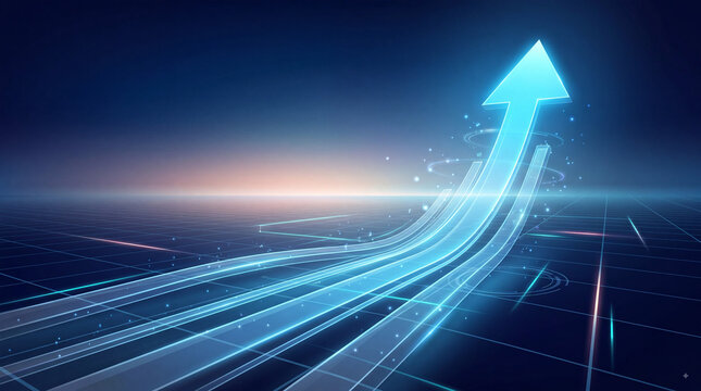 Futuristic glowing arrow rising over digital grid, abstract technology background symbolizing business growth, innovation, progress, and data acceleration