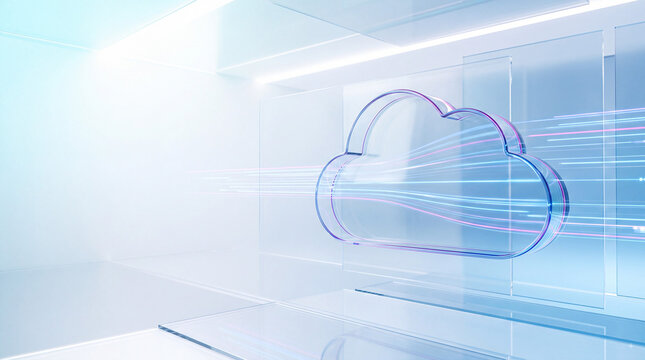 Futuristic cloud computing concept with glowing data streams through glass server room, abstract digital storage and network technology background