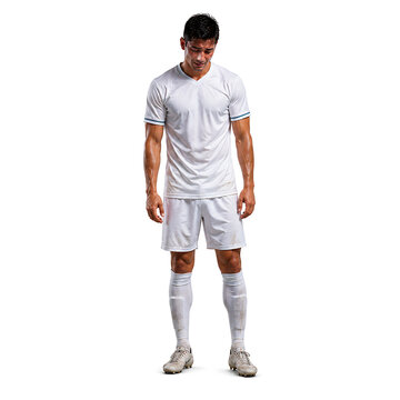 Soccer player in uniform looking down with sweat during a sports match with bright studio lighting