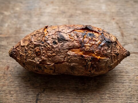 Roasted sweet potato with charred skin on a rustic wooden table
