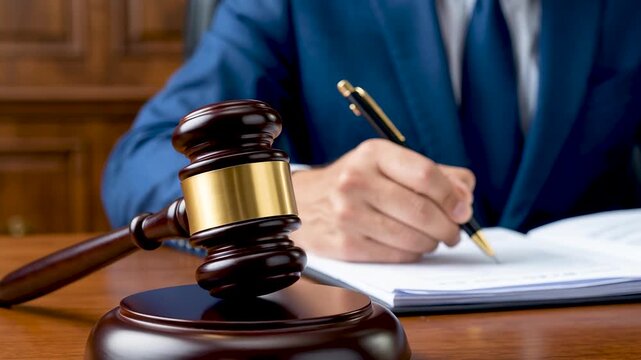 Professional lawyer signing legal documents with judge gavel on wooden desk