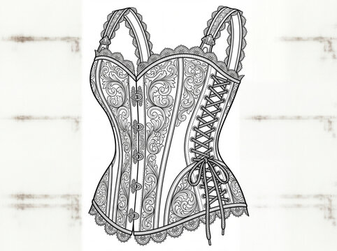 Decorative lace corset garment with intricate floral embroidery patterns featuring side lacing closures and ornate stitching for fashion design projects that require classic feminine vintage