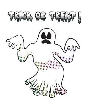 Halloween spooky cartoon-style ghost with the title Trick or Treat. Transparent background.