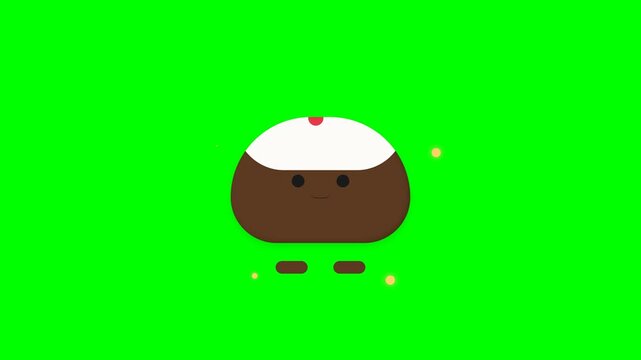 Cute Animated Brown Pudding Character Jumping on Green Screen Background.
