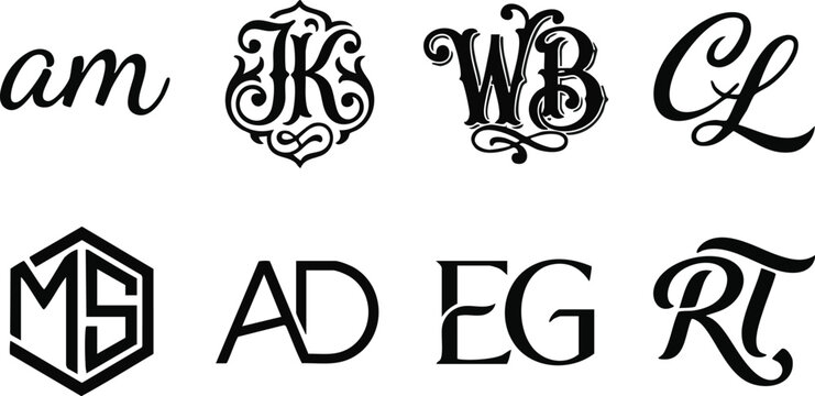 Set of black vintage monograms and letter combinations on a white background