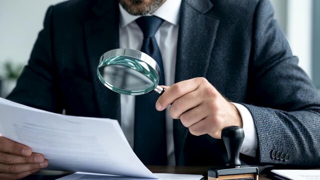 Professional businessman examining legal documents with a magnifying glass for detailed audit and verification