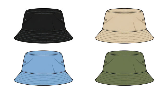 Set of bucket hats in four different colors, black, beige, light blue and olive green, flat vector illustration for fashion design isolated on transparent background