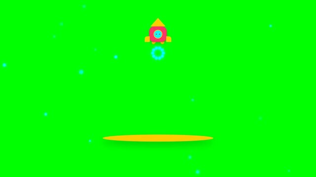 Animated Cartoon Rocket Ship Launching Against a Green Screen Background.