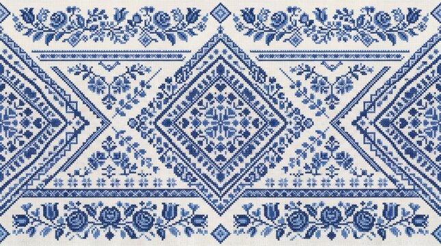 Czech republic patterns blue floral ornaments folk design repeating textile background with bohemian moravian embroidery botanical