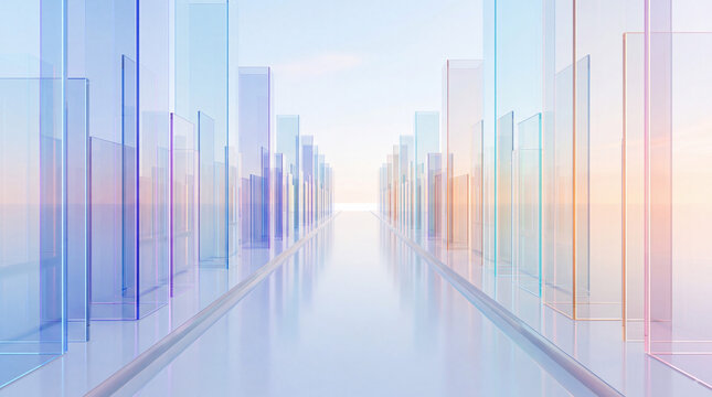 Futuristic glass corridor with translucent pastel panels, reflective floor, and soft light, abstract architectural background for technology design