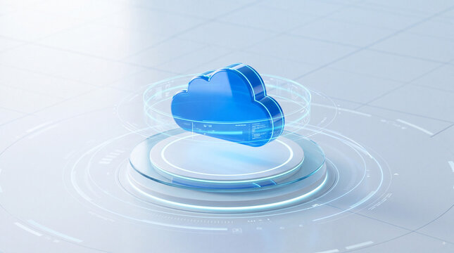 Futuristic blue cloud computing icon hovering above a glowing digital platform with holographic interface rings and clean technology background