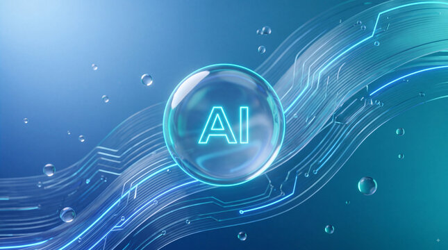 Glowing AI letters inside a transparent digital bubble over flowing circuit lines, futuristic blue technology background for innovation concepts