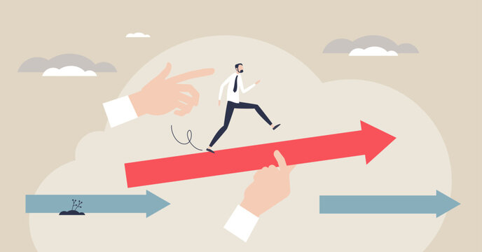 Servant leadership support as helping hands lift a leader running on a red arrow, symbolizing guided progress and growth, key objects, hands, arrow, leader. Tiny style
