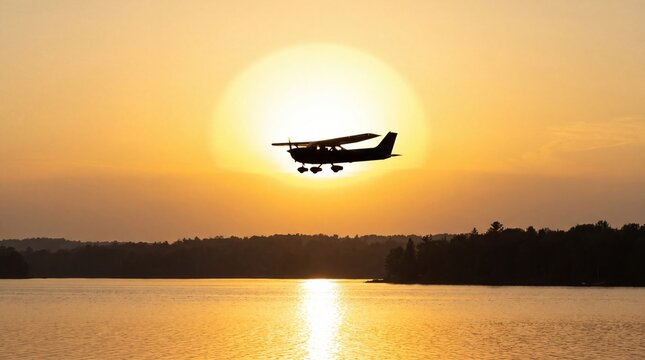 A small private propeller airplane flying in silhouette against a bright golden sunset over water with engine airplane silhouetted during golden hour large bright sun
