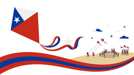 Obraz premium Chilean flag kite flying over festive landscape with people celebrating national independence day. EPS Editable