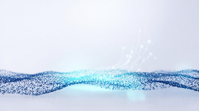 Abstract blue data wave with glowing fiber optic light trails, digital particles and futuristic network technology on soft white background concept