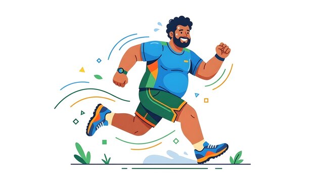 A happy plus size man jogging outdoors for fitness and health, vector illustration