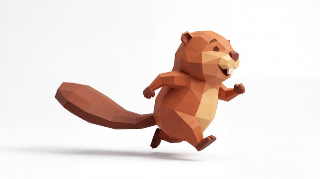 Low poly 3D beaver character jumping with flat tail and cute cartoon expression on clean white background for wildlife mascot design and playful nature themes