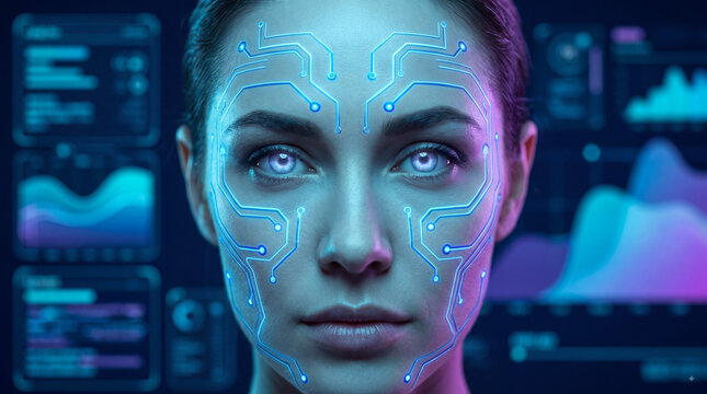 Futuristic woman with glowing circuit face markings and digital data interface, artificial intelligence biometric technology portrait in neon blue light