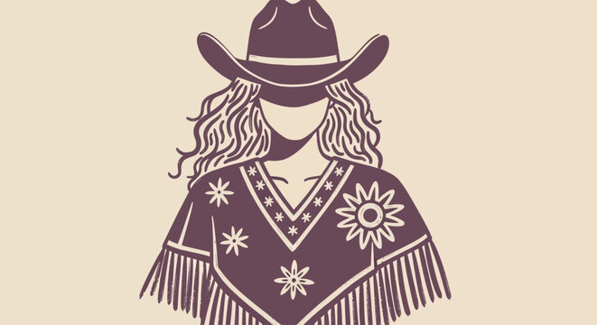 Retro Western Portrait Design Vector, Vintage Cowboy Woman With Hat And Poncho Illustration, Classic Wild West Theme Icon, Old West Style Shirt With Fringe And Floral Patterns For Print